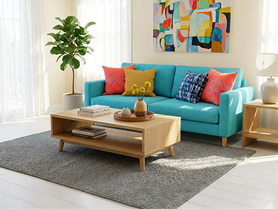 Szary dywan w kolorowym salonie