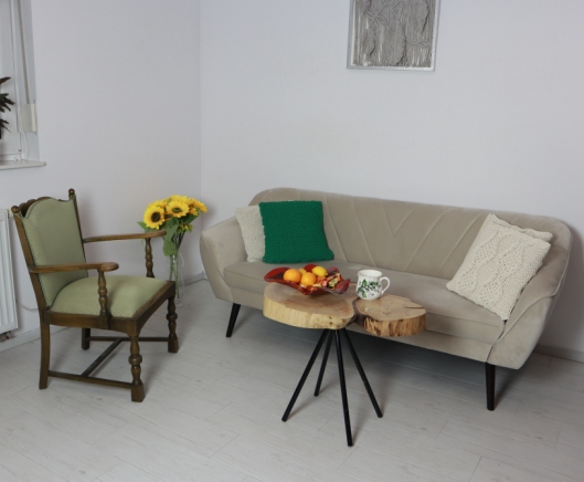 Jasna sofa w salonie z poduszką zieloną i ecru